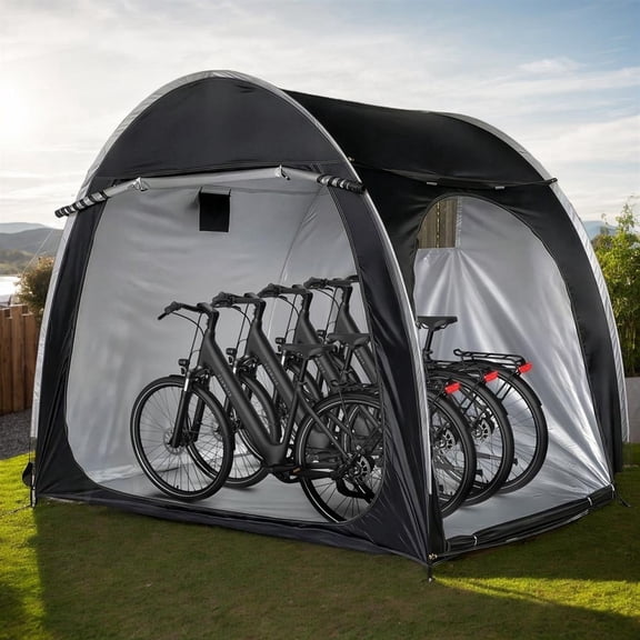 Double-door Arc Bicycle Shed - 210D PU Silver Oxford with Fiberglass Frame & Storage Options for Maximum Organization