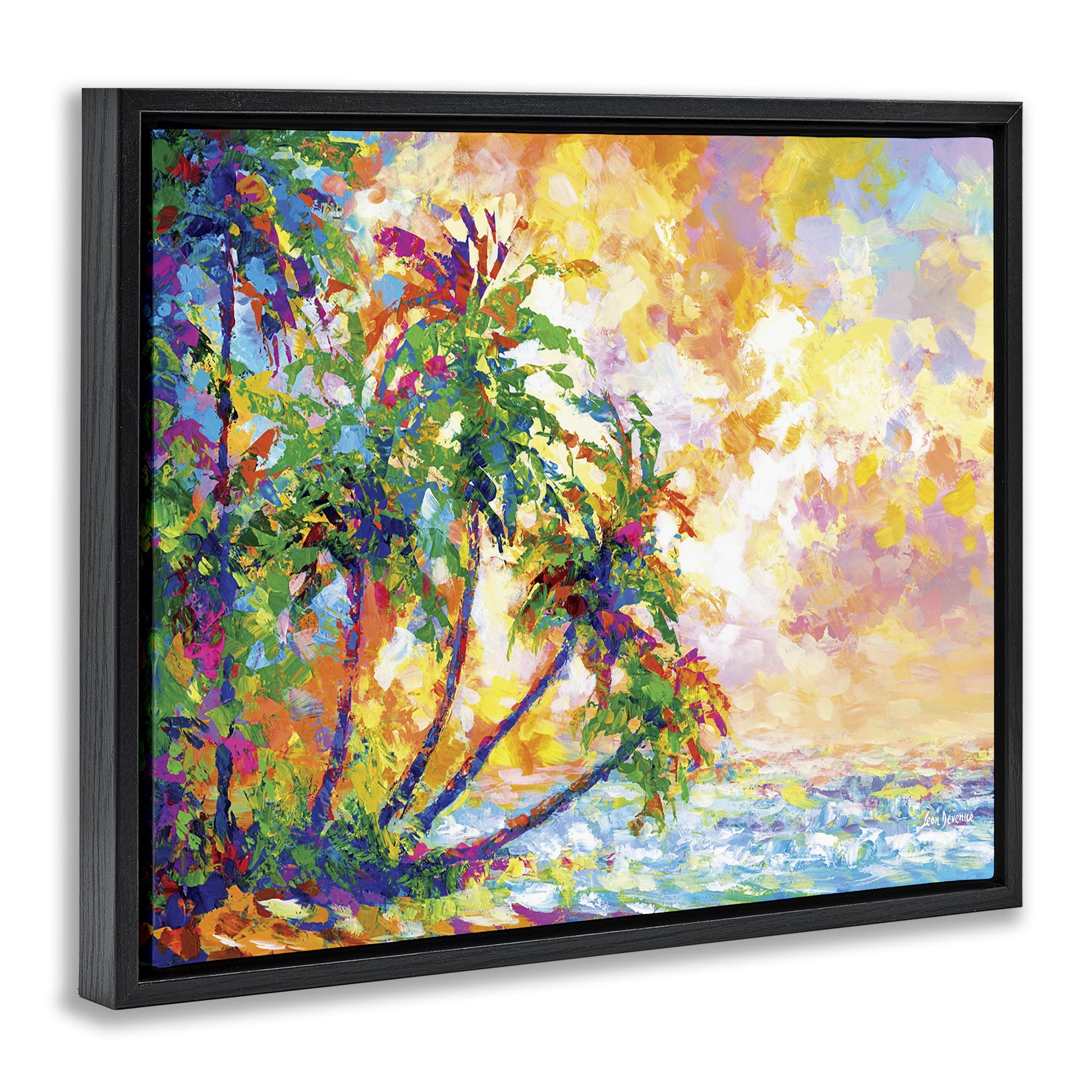 Stupell Industries Full Beach Palms Landscape Painting Black Floater Framed Canvas Art Print Wall Art, 31 x 25