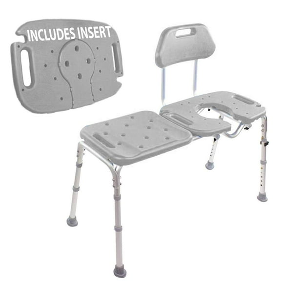 Platinum Health Bath Transfer Bench with Cutout Shower Seat, Deluxe All-Access Chair for Tub and Shower Transfers, Raised Toilet Seat for Seniors and Elderly Adjustable Height, Includes Insert, Gray