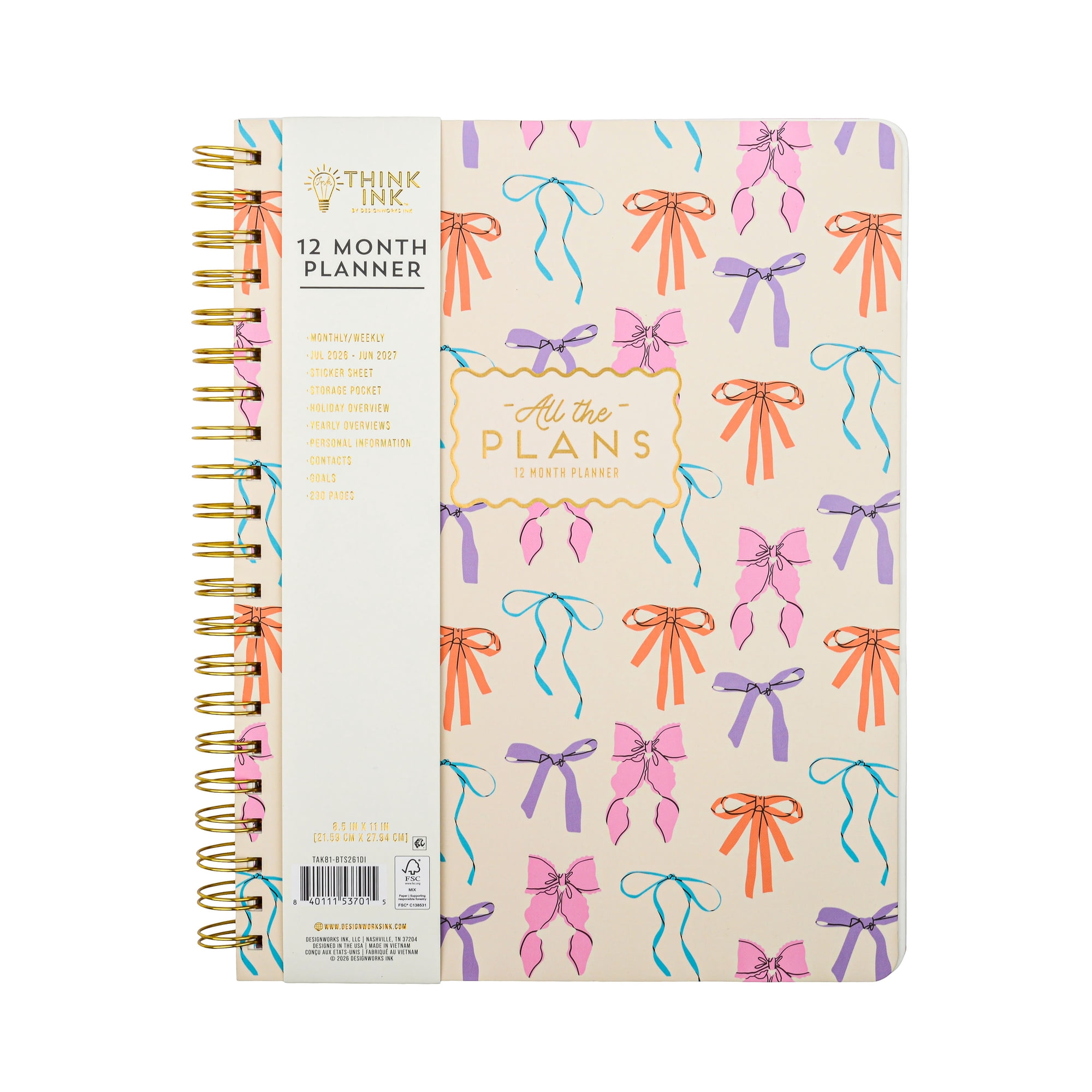 Think Ink 12 Month Weekly 8.5" x 11" All The Plans Bows Planner, July 2026 - June 2027
