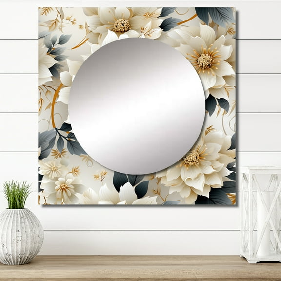 Designart "Golden Chrysanthemum Harmony III" Floral Square Mirror For Wall Decor - Large White Square Printed Wall Mirror Art - Square Cottage Mirror - Wall Mounted Square Large Mirror