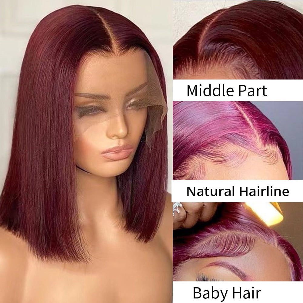 99J Burgundy Short Bob Wig 13X4 Lace Front Wigs for Women Brazilian Human Hair Red Highlighted Colored Lace Frontal Wig 10inch
