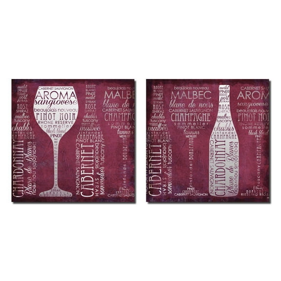 Vino Lingo I Fun Contemporary Wine Typography; Two 12X12in Poster Prints. Burgundy/White