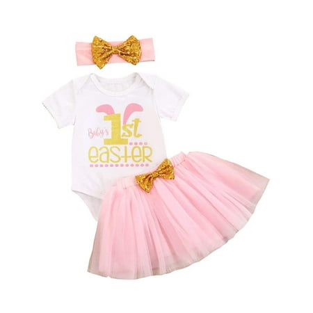 

Dewadbow Baby 3Pcs Outfit Short Sleeve Round Neck Romper Skirt Headband Set