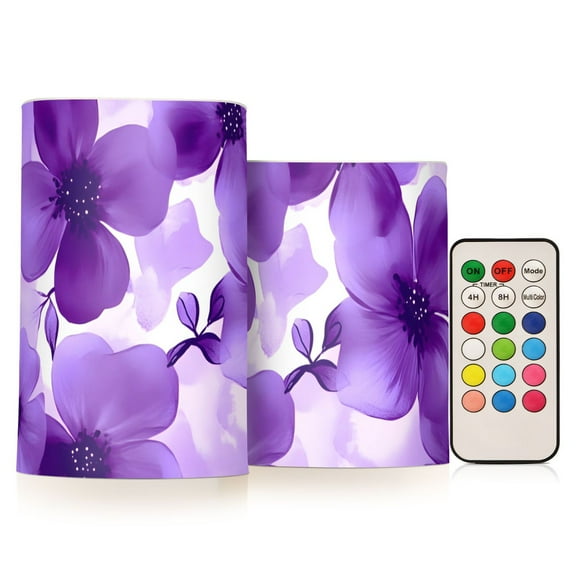 Purple Flower Watercolor Flickering Flameless Candles Battery Operated with Remote Timer LED Pillar Candles Set of 2