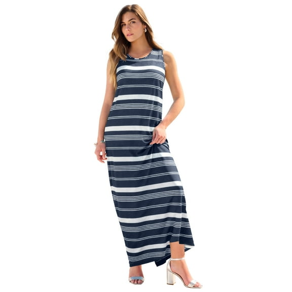 Roaman's Women's Plus Size Sleeveless Crew Neck Maxi Dress