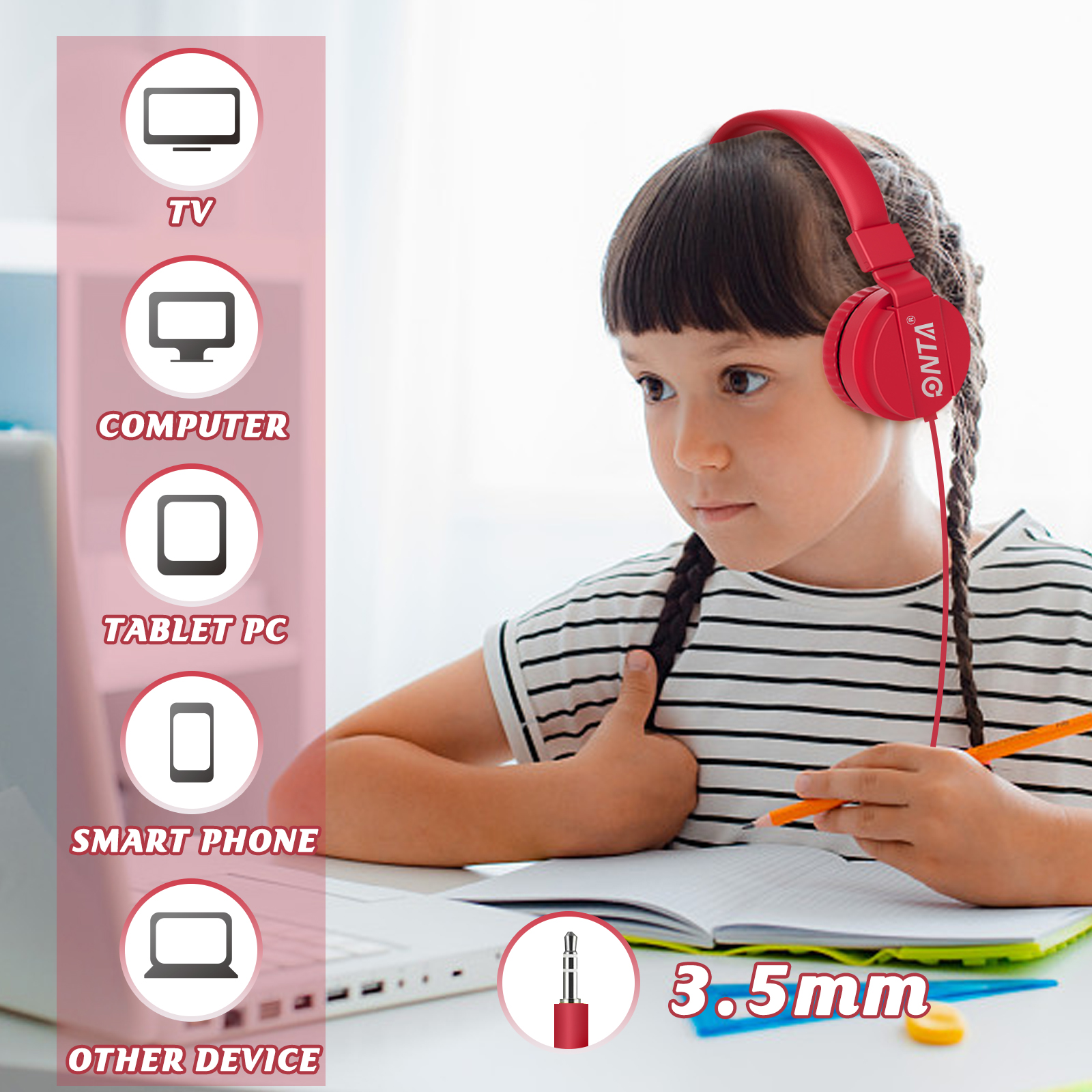 ONTA Kids Headphones, Foldable Over-Ear, Red photo 7