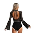 thumbnail image 2 of TSSOE Womens Mesh Flare Sleeve Bodysuit Mock Neck Sheer Leotard Gymnastics Figure Skating Dancewear Black XXL, 2 of 7