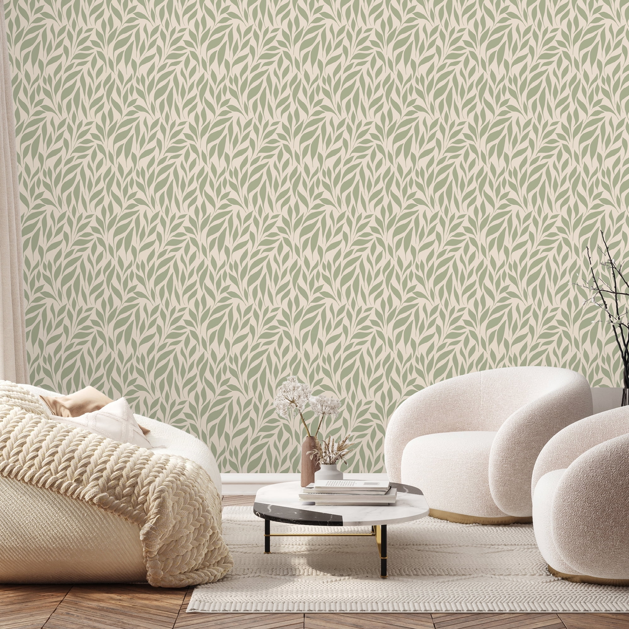 SimurgWallArts - Botanical Peel and Stick Vinyl Nursery Wallpaper – Soft Green Leaf Wall Mural, 19 x 118 in Roll, Covers 15.57 Sq.Ft.