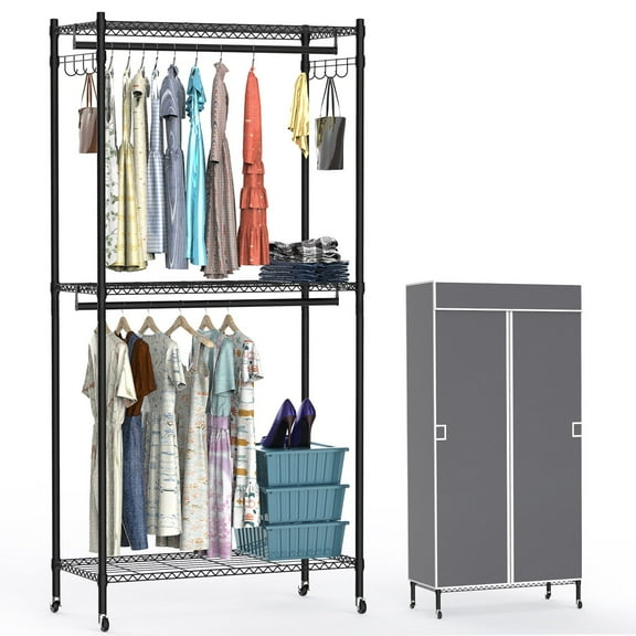 TeqHome Heavy Duty Rolling Garment Rack with Cover Clothing Rack for Hanging Clothes Portable Closets with 2 Tier Double Rods 35.4"Wx17.1"Dx72.4H