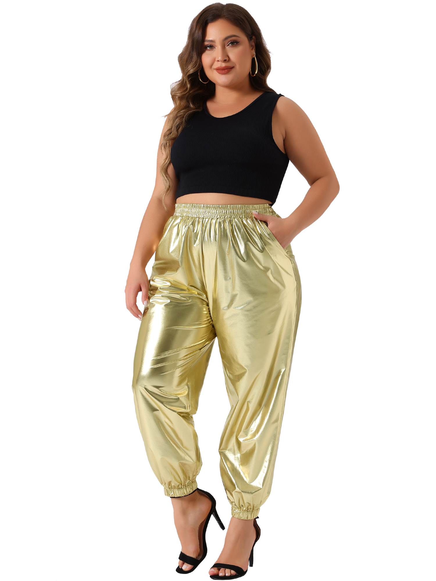 DARING DIVA Women's Plus Jogger Pants Metallic Shiny Stretchy Trousers 4X Gold