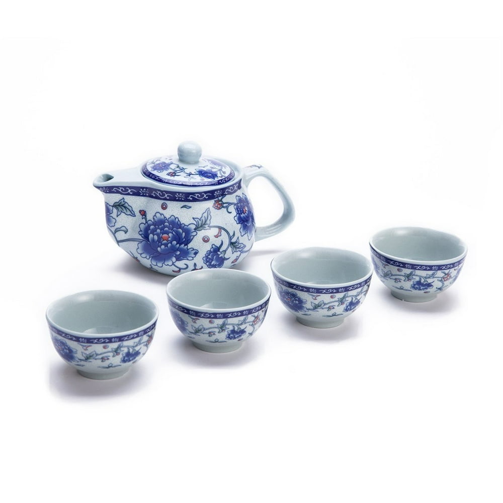Exquisite 5 PCS BlueAndWhite Peony Design Ceramic Tea Pot Tea Cups Set In Beautiful Color Gift