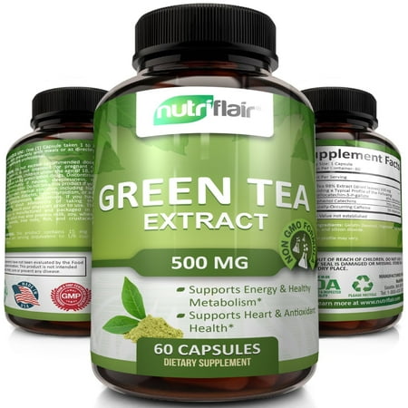 NutriFlair Green Tea Extract Supplement 500mg, Highest Potency Green Tea Leaf Extract With ECCG - Supports Weight Loss, Heart Health and Increases Energy Levels Naturally, 60