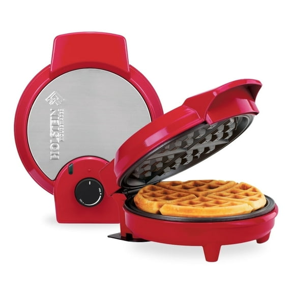 Holstein Housewares 7-Inch Non-Stick Belgian Waffle Maker with Adjustable Temperature, Red & Stainless Steel – Delicious Waffles in Minutes for Everyday Meals