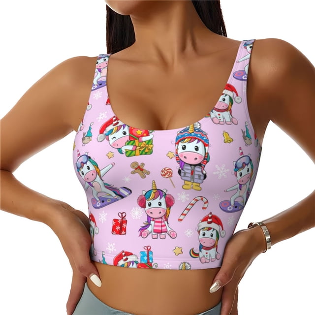 Balery Christmas Unicorns Sujetadores deportivos con espalda cruzada para mujer, acolchados, sin costuras, de alto impacto, ideales para yoga, gimnasio, entrenamiento y fitness.-Large