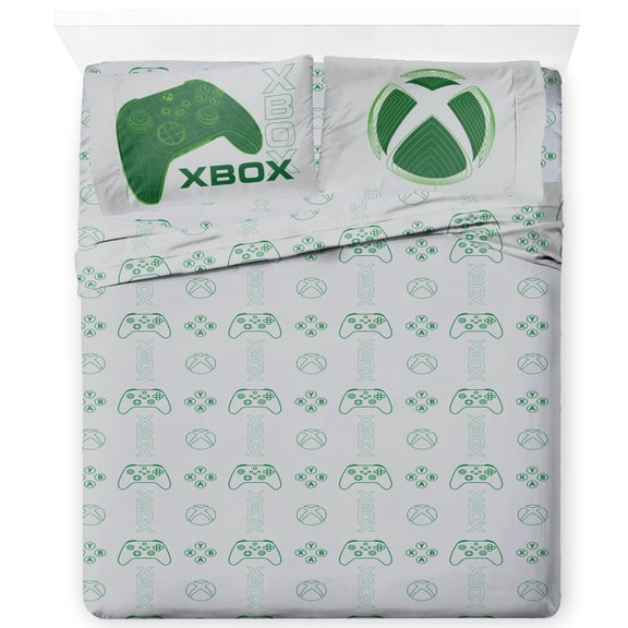 Jay Franco Kids Sheet Cartoon Set with Fitted, Flat Sheets & Pillow Cover - Ultra-Soft Bedding with Pillowcase for Room Decor, White - Xbox, 4 Piece Full