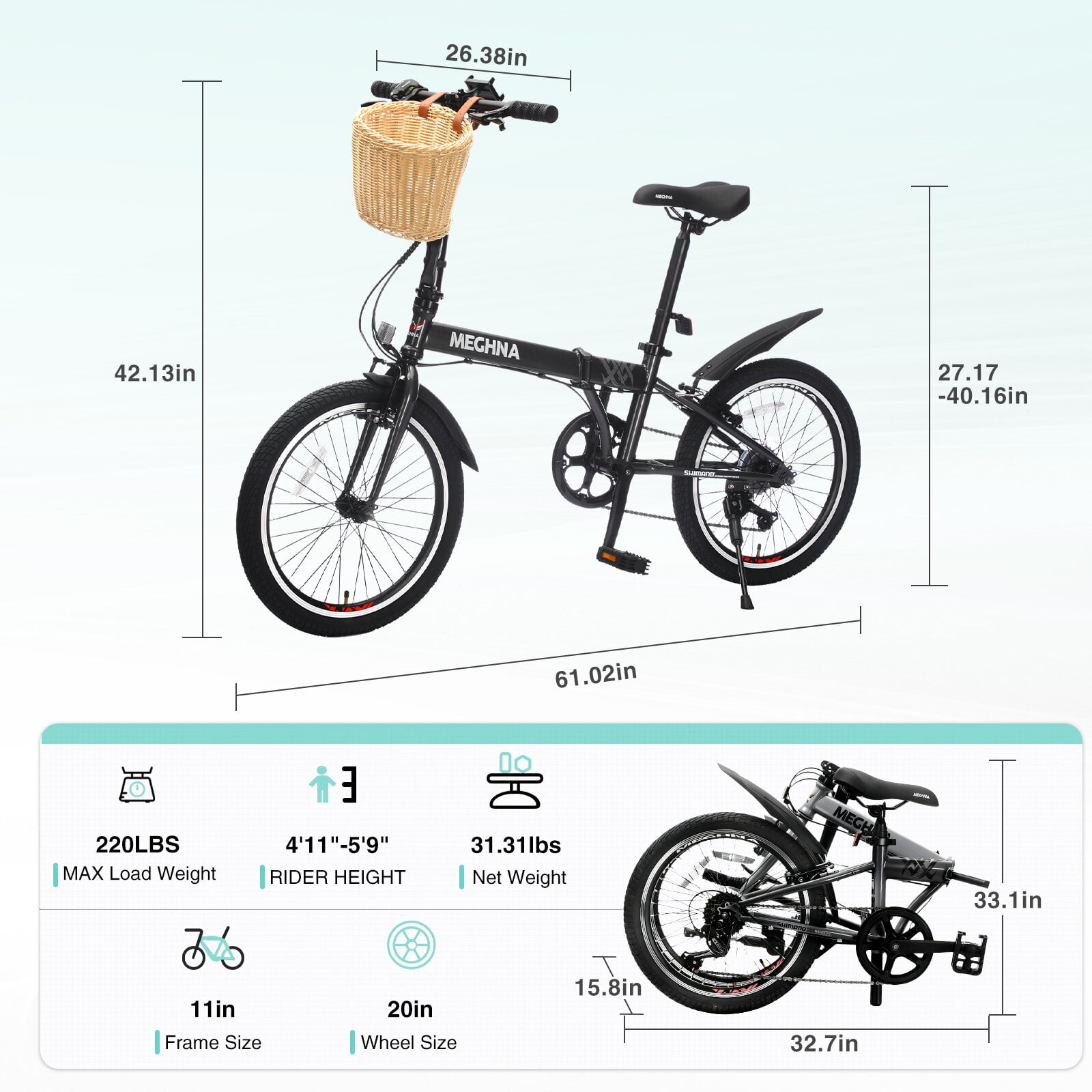 Mountain Bikes 20 Inch Folding Bike for Adults with Basket, Phone Holder & Fenders, Steel Frame 6-Speed City Commuter, Dual V-Brake Portable Compact Bicycle for Men & Women,Road Bikes