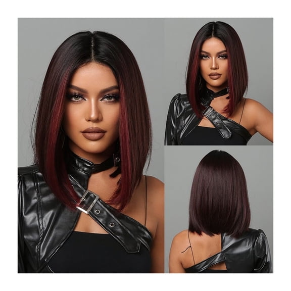 Bob Wigs For Women Short Black Bob Wig With Red Highlight Middle Part Daily Use