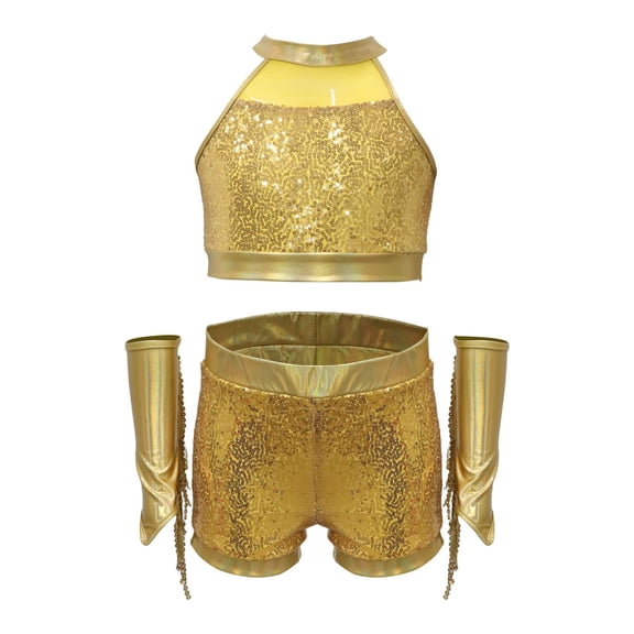 Mercatoo Kids Girls Sparkly Sequins Latin Outfit Crop Tops Shorts with Gloves 3 Piece Modern Jazz Cha Cha Dance Clothes Set