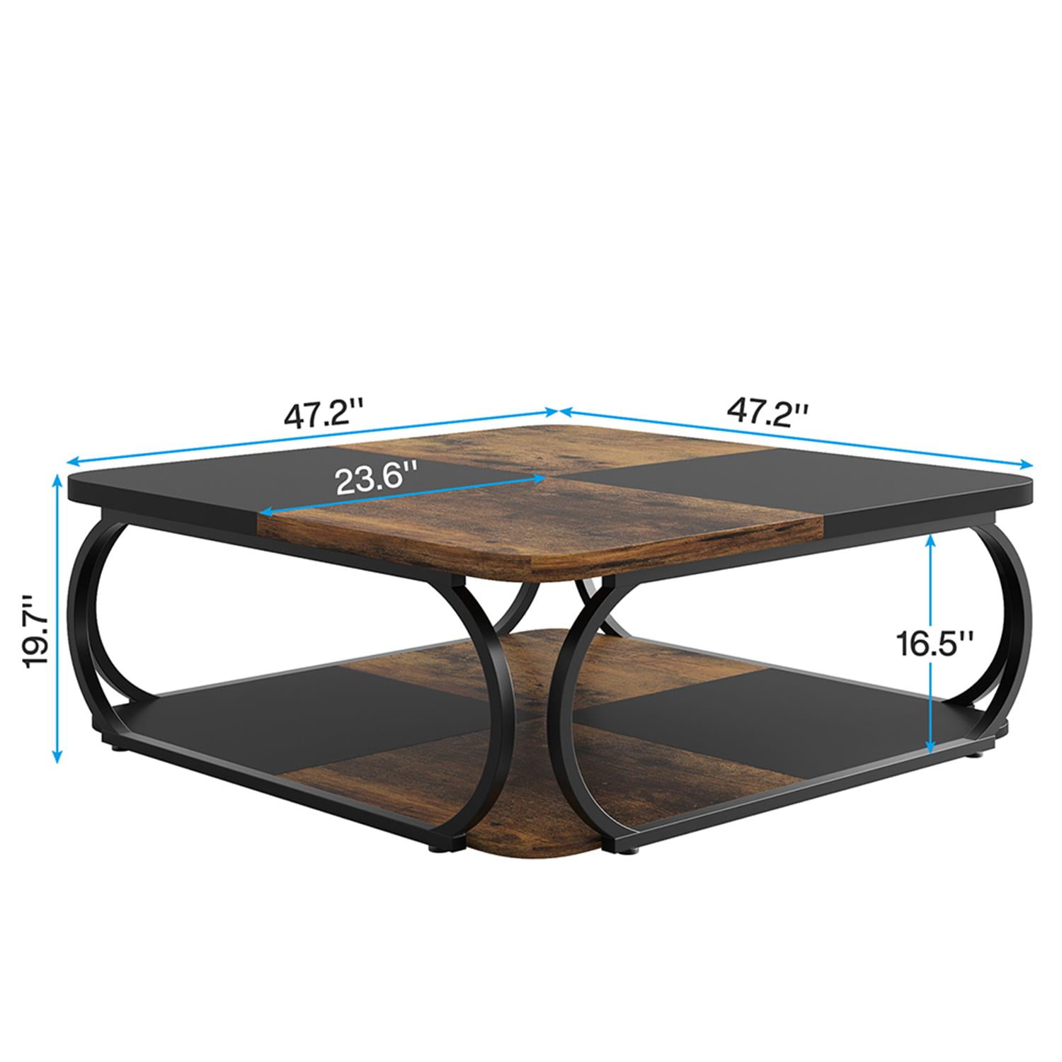 Demi Bonn Square Coffee Table, 39" Central Cocktail Table with 2-Tier Shelves for Living Room, Brown