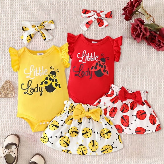 Girls Summer Outfits Summer Lace Sleeve Ladybug Print Romper with Bow Skirt and Headband 3 Piece Girl Clothes Red 9-12 Months