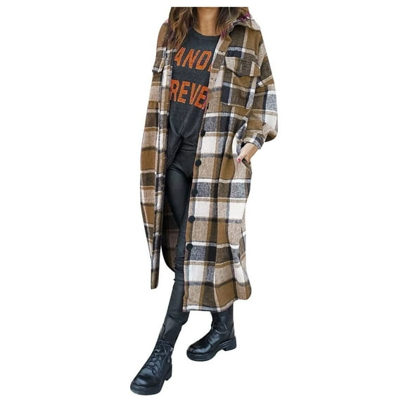 Womens Plaid Long Wool Blend Coat Shacket Jackets Long Sleeve Button Down Casual Boyfriend Flannel Shirts