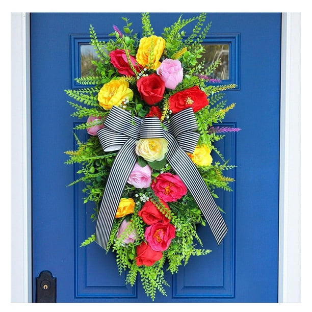 Guirnaldas de flores simuladas para puerta con corona floral y lazo grande creativo para puerta de entrada con flores colgantes, decoraciones para árboles, anillo de hierba