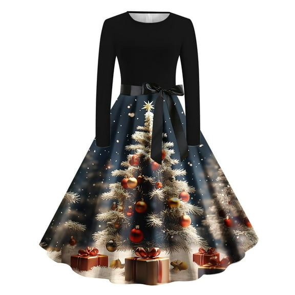 Cavosen Christmas Cocktail Dress Plus Size Crew Neck Long Sleeve Midi Evening Gowns Ball Dress Elegant Wedding Guest Cocktail Party Dress
