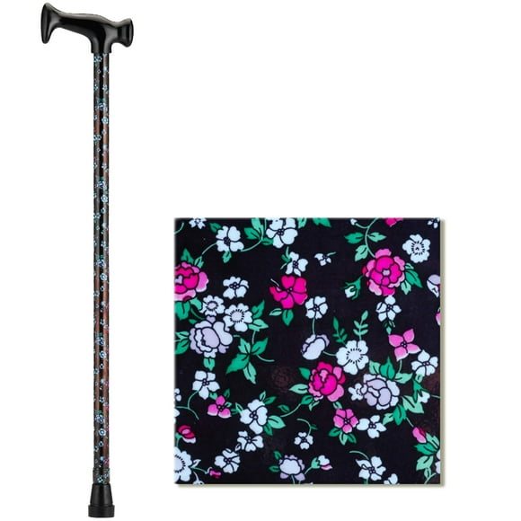 NOVA Medical Cane T-Grip Blue & Pink Flowers on Black