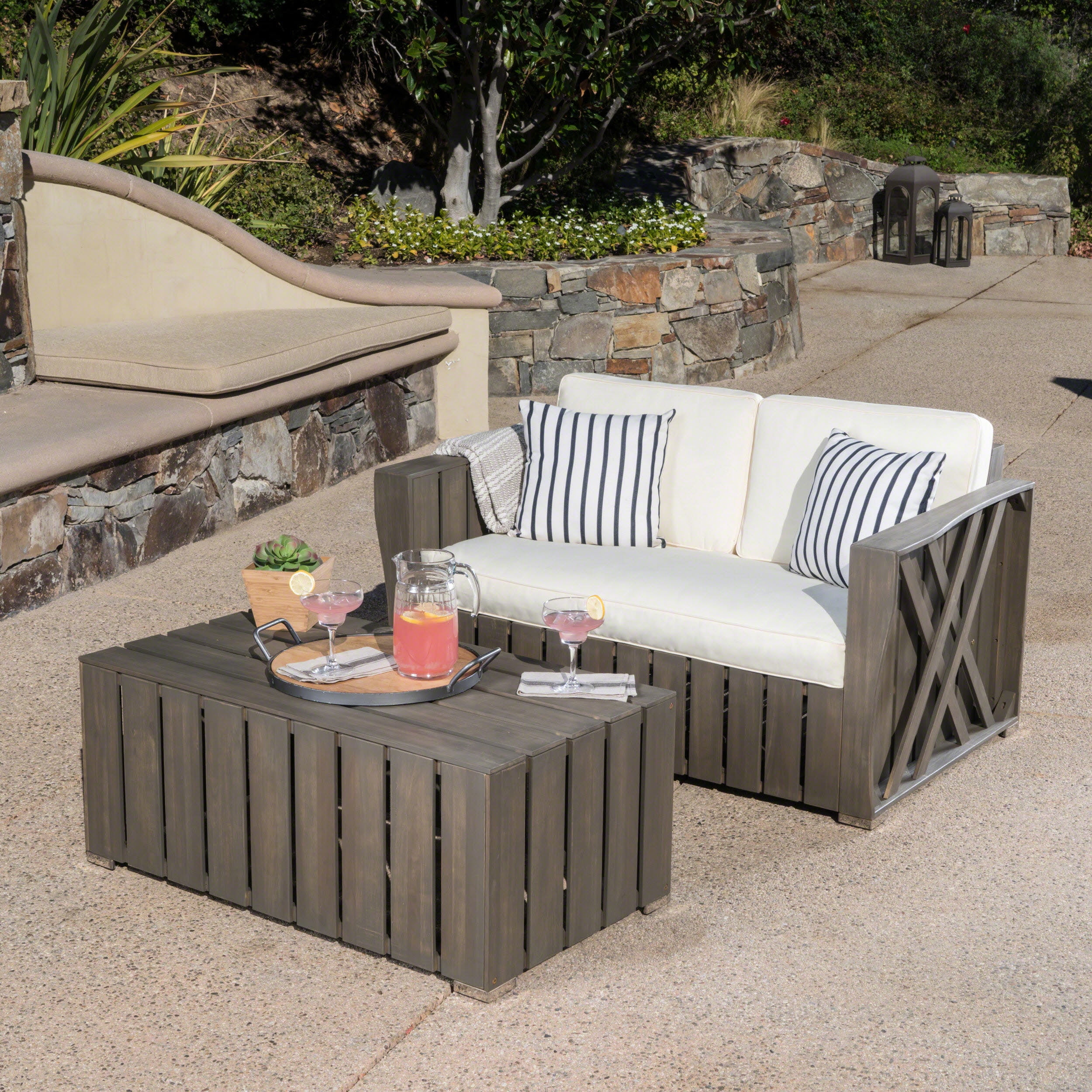 Edward Outdoor Acacia Wood Loveseat and Coffee Table Set with Weather Resistant Cushions, Grey