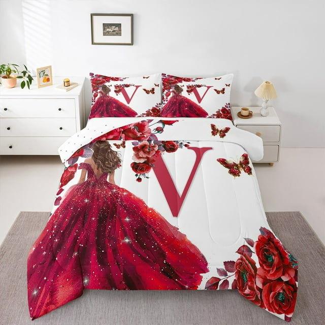 Erosebridal Ensembles de Couette Lettre Initiale A à Z Format Très Grand, Couettes et Duvets Princesse Rose, Literie Réversible Monogrammée V Ensemble de Couette Très Grand, Super Douillet Décor de Chambre, 3 Pcs