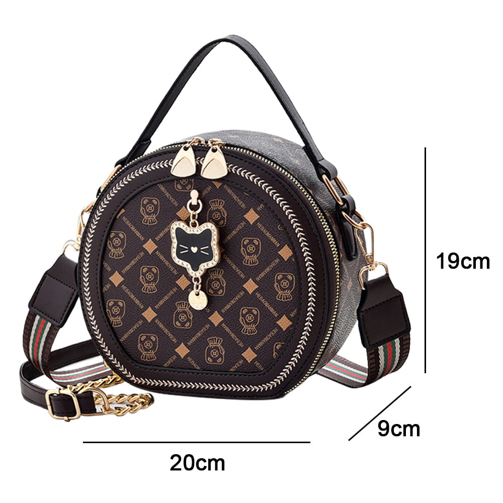 Round Crossbody Purses for Women Circle Bag, quilted messenger bag, top  zipper seal,brown,brown，G129065 