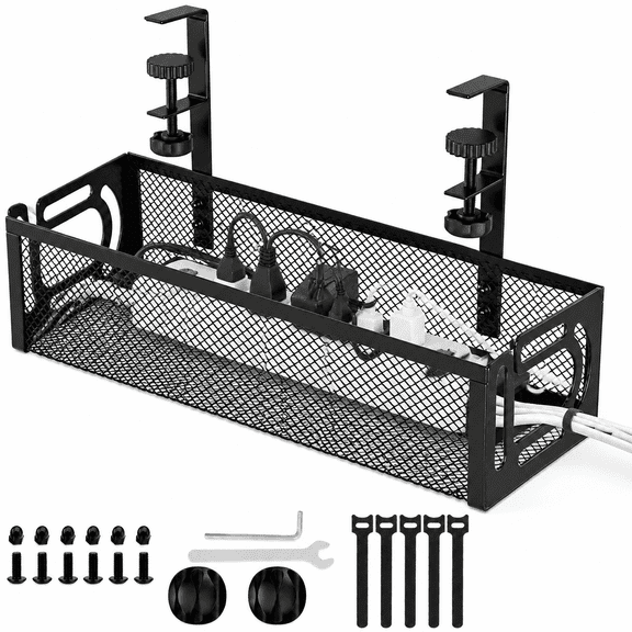 Under Desk Cable Management Tray Black,Cable Management Under Desk No Drill, Cable Tray with Clamp for Desk Wire Management,Desk Cable Management Box for Office, Home - No Damage to Desk