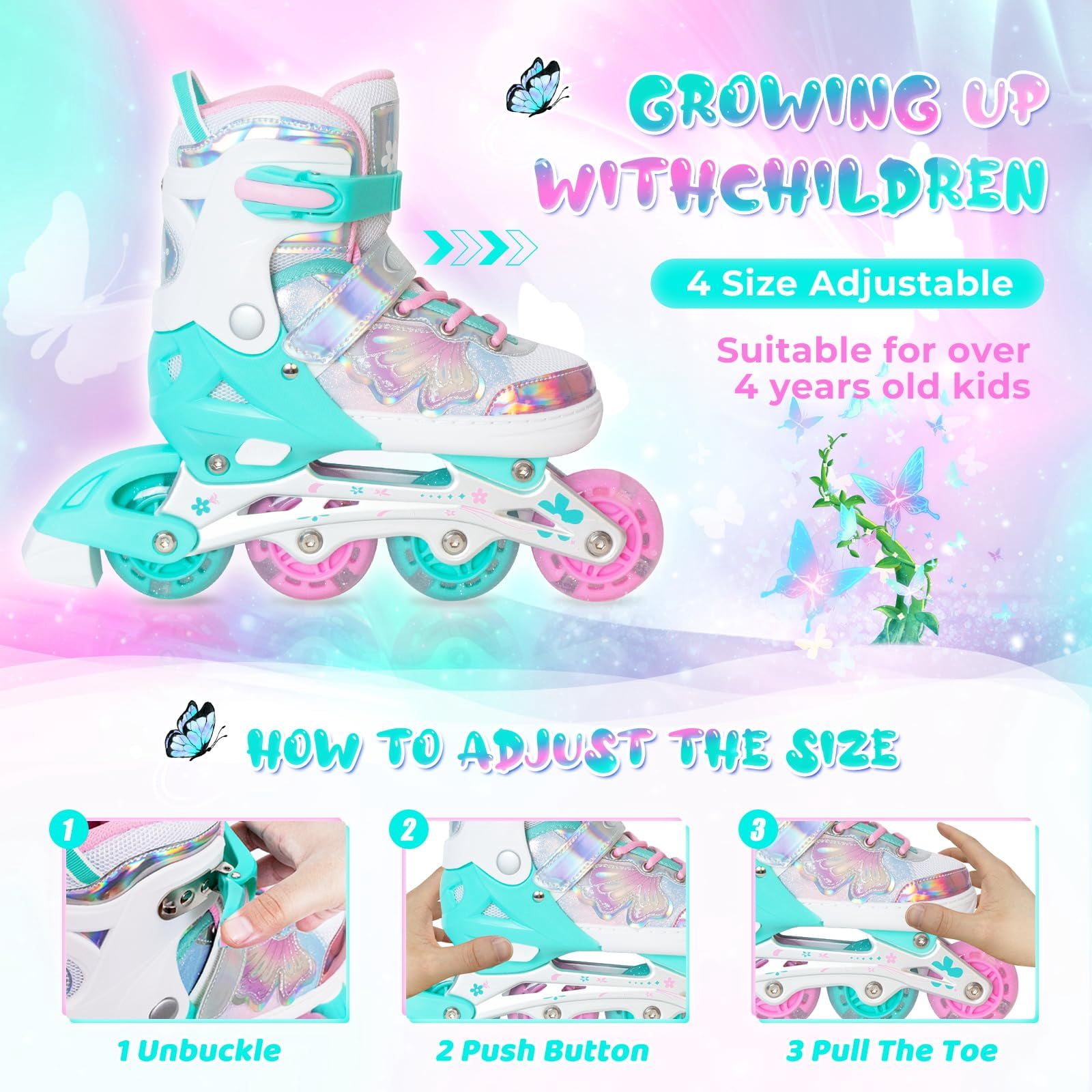 MammyGol Adjustable Inline Skates for Kids - Butterfly Design Youth Roller Skates with Safety Brake, Breathable Liner(Teal,Sizes 10j-13j Adjustable)