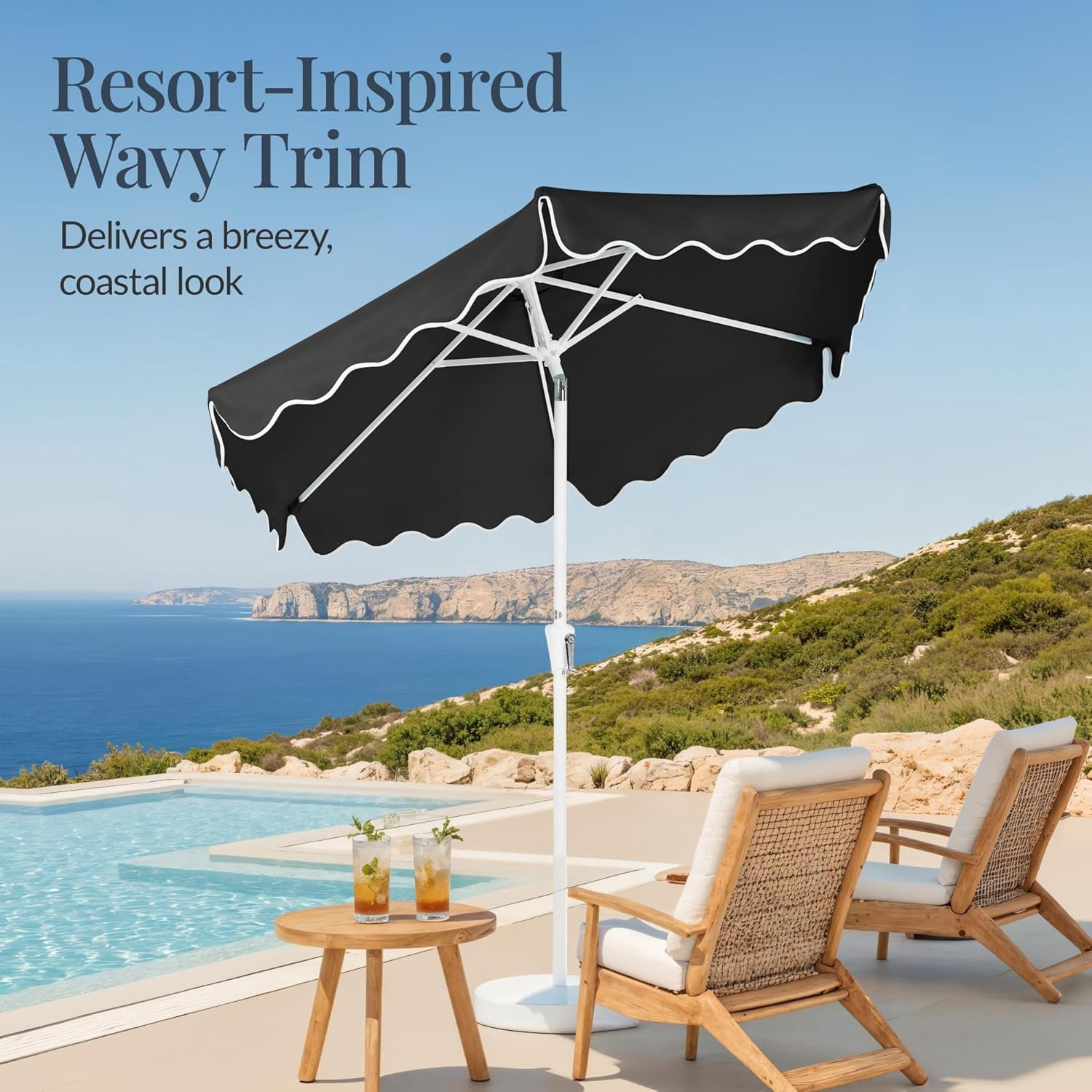 HWong 7.5ft Patio Market Umbrella with Wavy Trim, UV-Fade-Resistant 210g Canopy, Crank & Tilt, Wind Vent, Heavy-Duty Frame - Black
