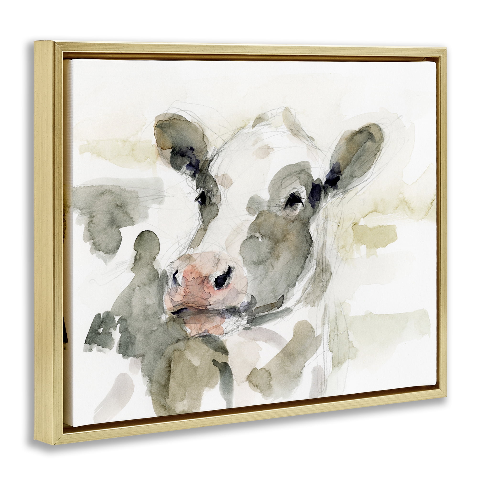 Stupell Industries Soft Painterly Cow Animals & Insects Painting Gold Floater Framed Canvas Art Print Wall Art, 31 x 25