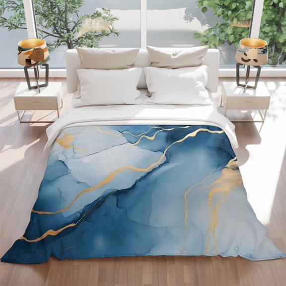 Flannel Fleece Throw Blankets Marble Texture Pattern Throws Blankets, Gold Blue Gradient Lightweight Soft Warm Blanket for Couch Sofa Bed Living Room All Season Use, 60x80in