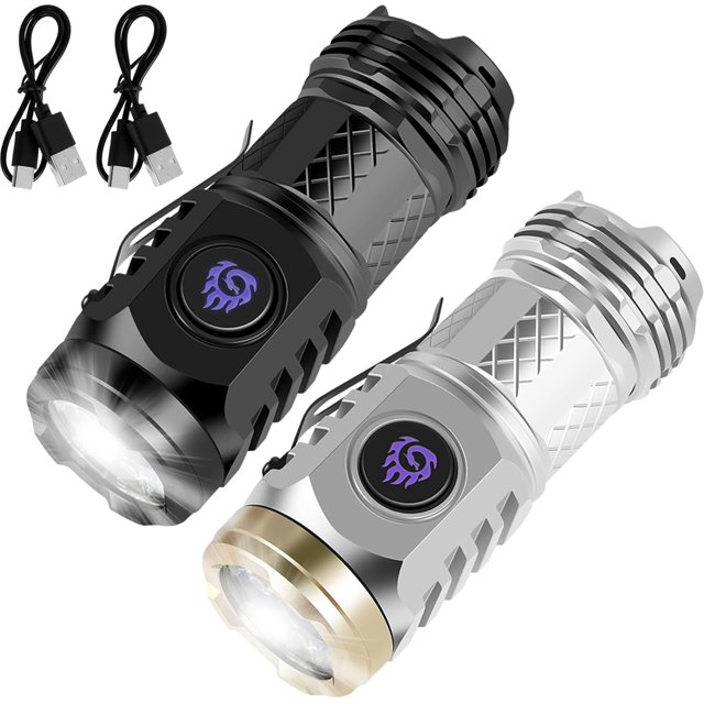 2Pcs Three-Eyed Monster Mini Flashlight, German Three-Eyed Monster Mini Flash Super Power Flashlight, Pocket Flashlight with Clip, Mini Torch LED Flashlight, Portable Mini Pocket Torch (Black+Silver)