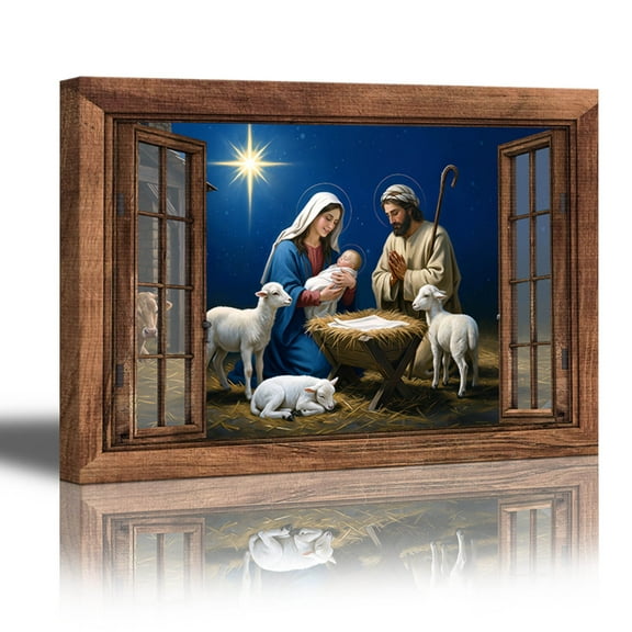 Nativity Scene Canvas Wall Art with Wooden Window Frame, Christmas Holy Family Decoration, Rustic Religious Christmas Home Decor for Living Room Entryway Bedroom