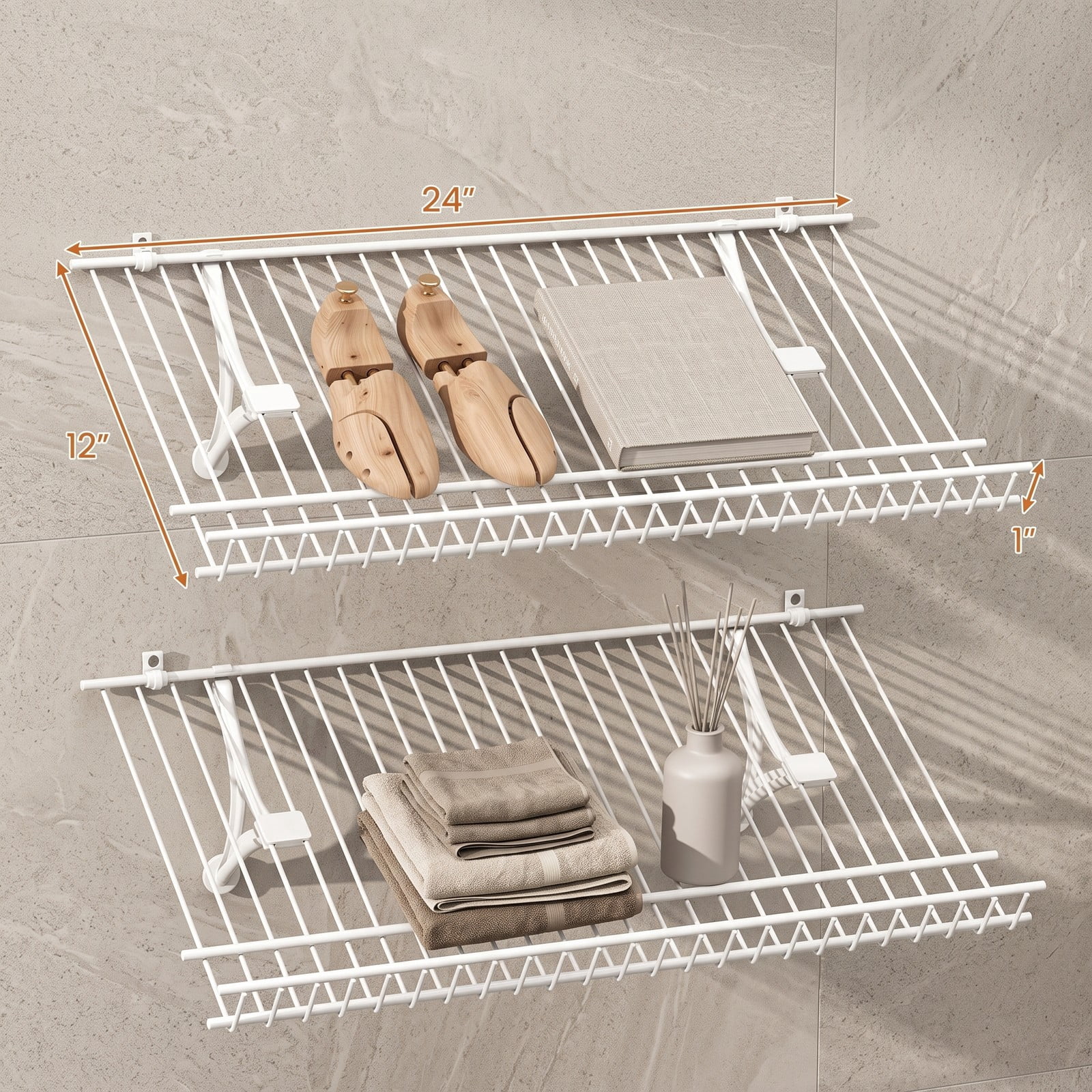 Furnibear Set of 2 Wall Mounted Metal Wire Closet Shelves and Shoe Racks for Entryway and Small Closet Organization, White