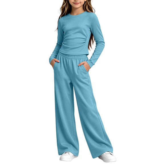 QTBIUQ Girls Two-Piece Fall Set Long-Sleeve Fitted Crop Top and Elastic Waist Wide-Leg Pants Casual Outfit Set
