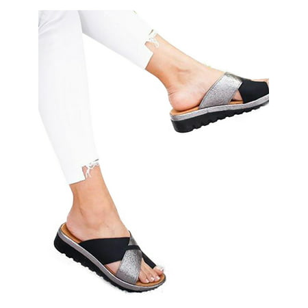 Women Open Toe Slip On Sandals Slippers Ladies Low Heels Cross Sliders Shoes (Best Slippers For Heel Spurs)