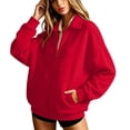 thumbnail image 2 of Women's Solid Full Zip High Collar Sweatshirt Long Sleeve Loose Casual Zip up Jacket with Pockets Lightweight Hoodless Outerwear Tops Red, 2 of 6