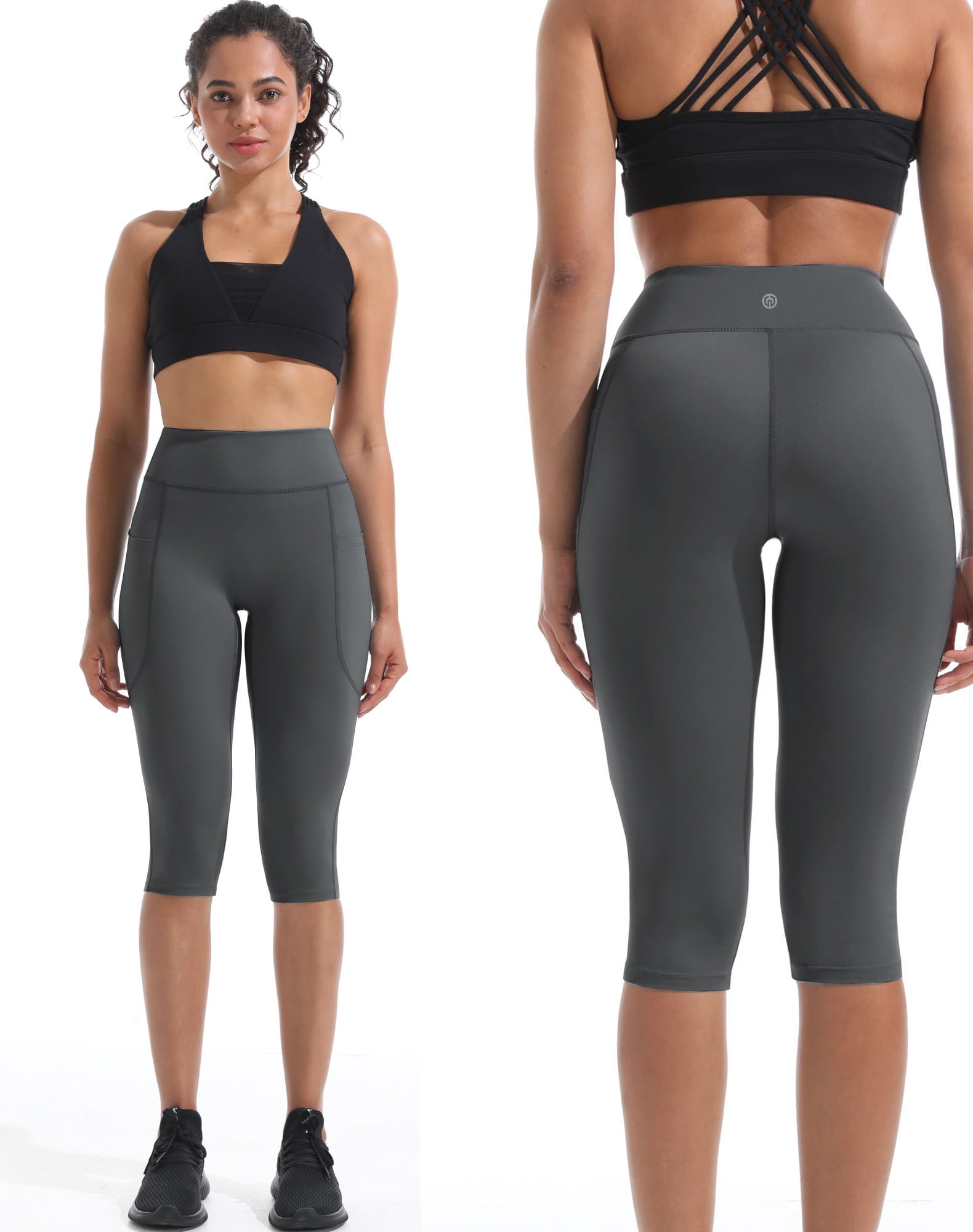 NELEUS Womens Plus Size Yoga Capris Leggings For Workout With Pockets Tummy Control High Waist,Black+Gray+Light Blue,US Size 2XL