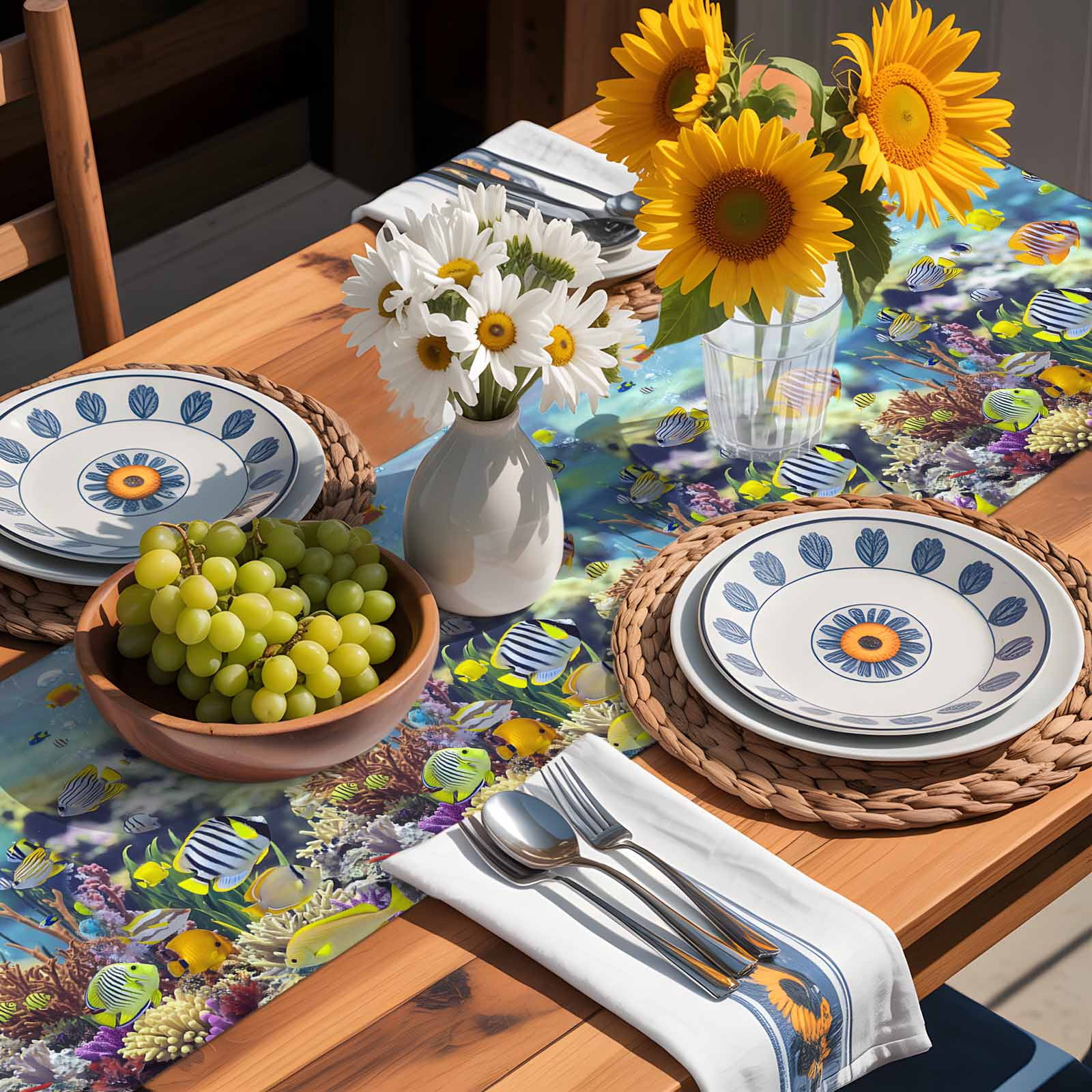 Sea Fish Coral Seaweed Table Runner 90 Inches Long, Summer Blue Ocean Table Runners Tabletop Scarf Kitchen Dining Tables Decoration for Home Party Indoor Outdoor