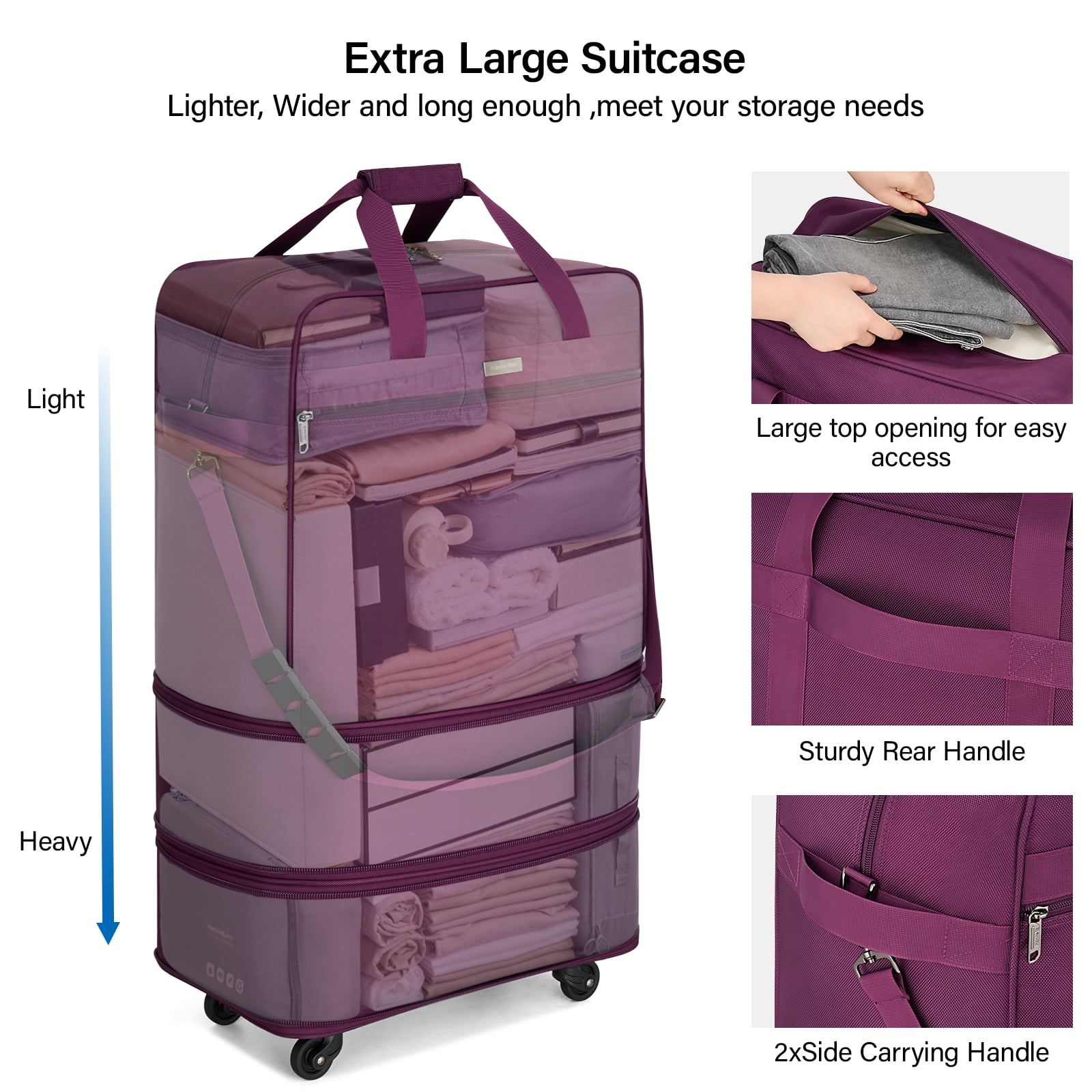 Hanke Suitcases with Wheels Expandable Foldable Luggage Bag Suitcase Collapsible Rolling Travel Bag Duffel Bag for Men Women Lightweight Suitcases,Purple