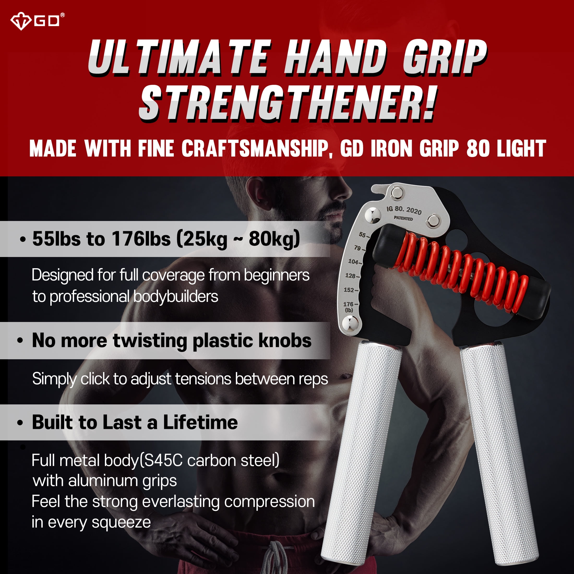 GD Hand Grip Exerciser Strengthener Premium Iron Grip Light 80