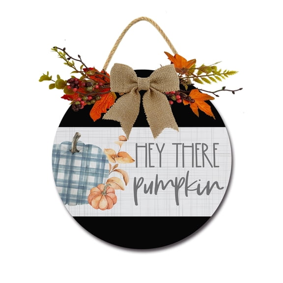 Hey There Pumpkin Sign Front for Door Decoration, 11 in Round Wood Wreaths Wall Hanging Outdoor, Farmhouse, Porch, for Spring Summer Fall All Seasons Holiday Christmas