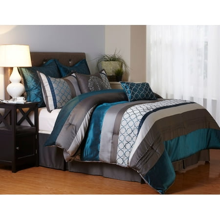 Nanshing Avalon 8 Piece Bedding Comforter Set Peacock Grey Queen