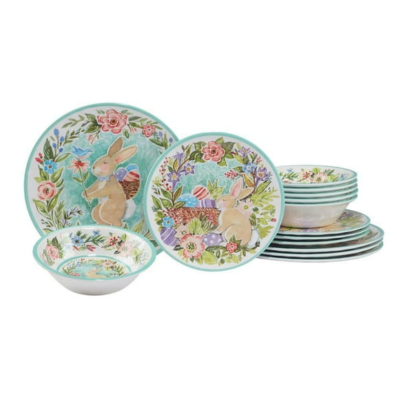 Certified International Joy of Easter 12-Piece Assorted Colors Melamine Dinnerware Set Service for 4